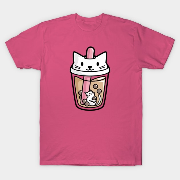 Bubble Tea with White Cute Kawaii Cat Inside T-Shirt by BobaTeaMe